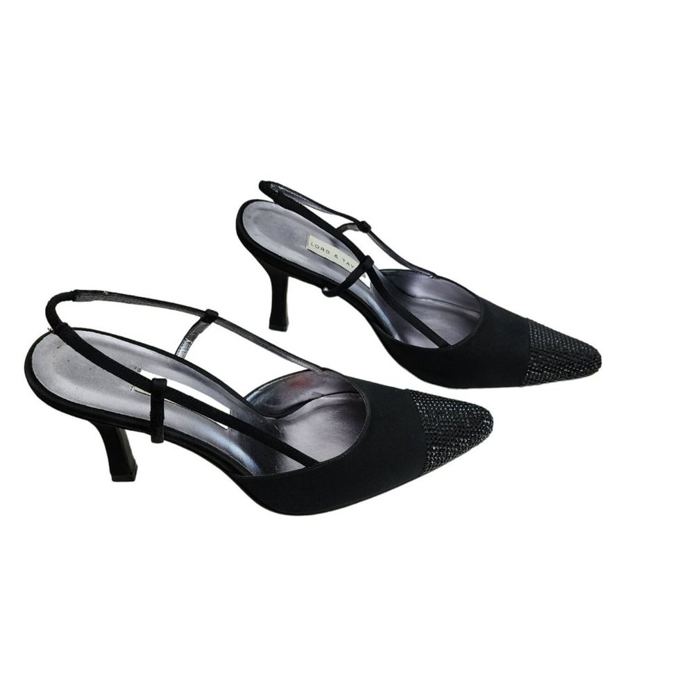 Lord & Taylor Black Rhinestone Slingback Heels Cap Toe Shoes 6 M 6M Box NIB